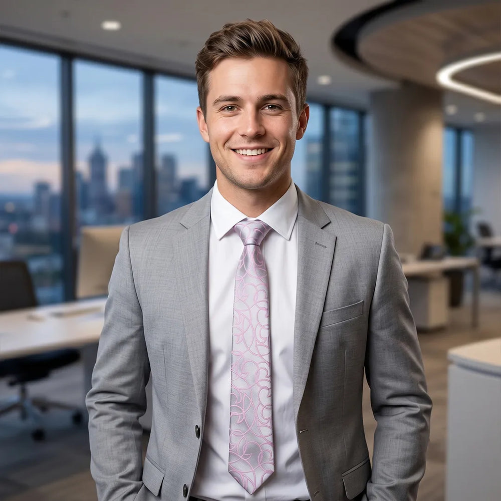 Silver & Pink Swirl Skinny Tie | Polyester Wedding & Formal Necktie