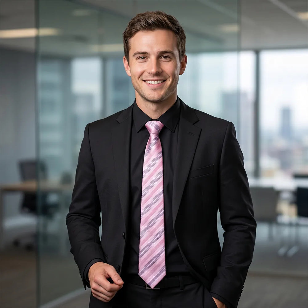 Pink & Grey Stripe Skinny Tie | Polyester Wedding & Formal Necktie