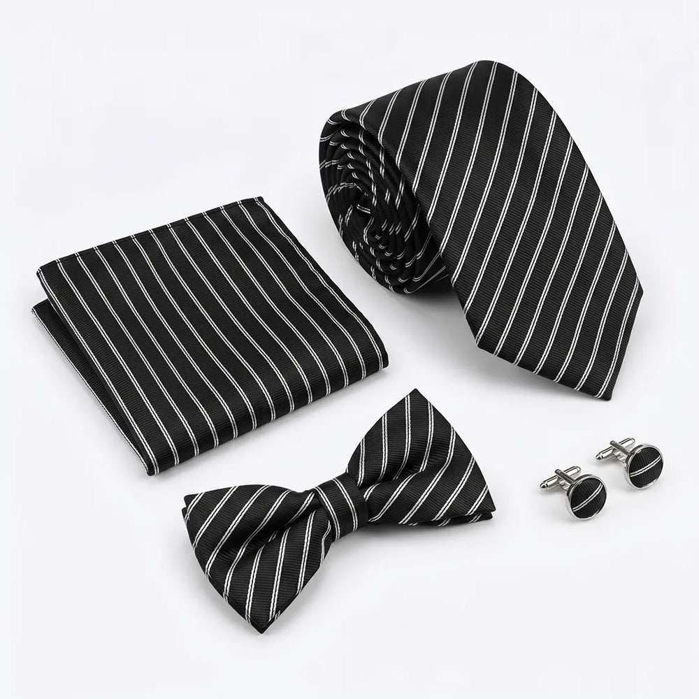 Black & White Stripe Tie Set | Wedding & Formal Accessory Set