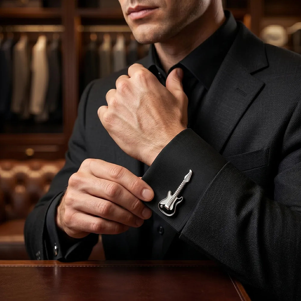 Silver Electric Guitar Black & White Enamel Cufflinks | Sailor Australia