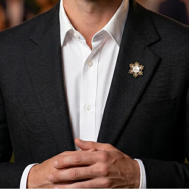 Gold Snowflake Pearl Lapel Pin | Formal & Wedding Accessory