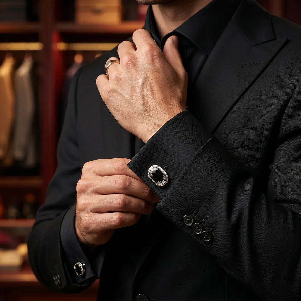 Silver Vintage Filigree Black Enamel Oval Cufflinks | Sailor Australia