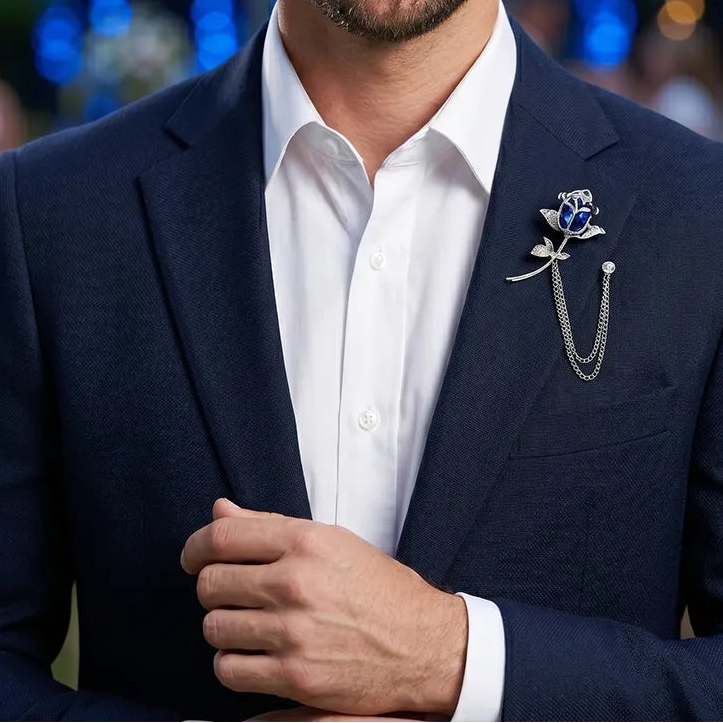 Silver & Blue Rose Crystal Lapel Pin with Chain | Formal & Wedding Accessory