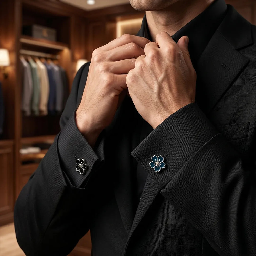 Silver Sakura Cherry Blossom Deep Teal Enamel Cufflinks | Sailor Australia