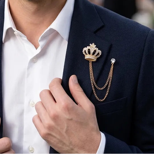 Gold Crown Crystal Lapel Pin with Chain | Formal & Wedding Accessory