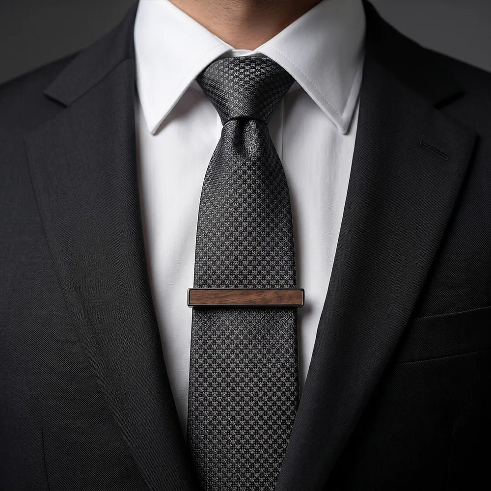 Gunmetal & Wood Cufflink & Tie Clip Set | Wedding & Formal Accessory