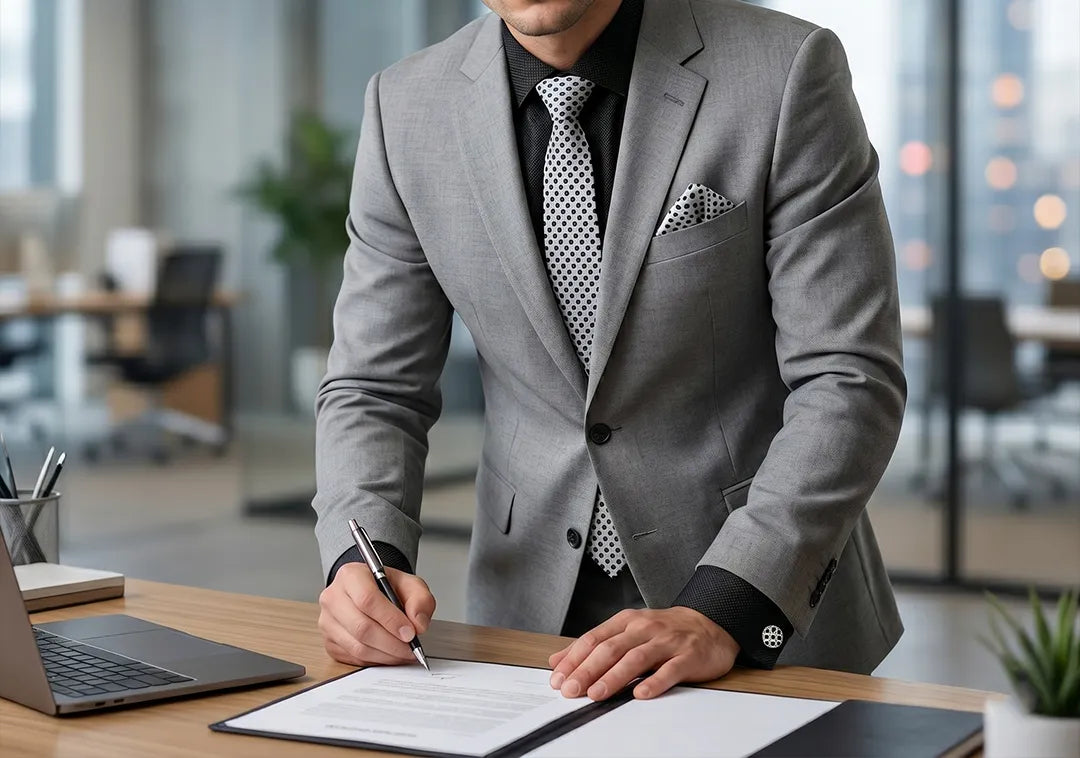 A man in a gray suit, black shirt, and patterned tie sits at a wooden desk in a modern office, writing on a document with a pen.