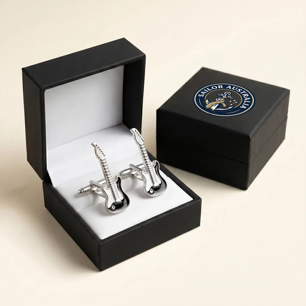 Silver Electric Guitar Black & White Enamel Cufflinks | Sailor Australia