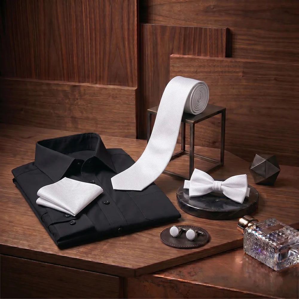 White Textured Tie Set | Wedding & Formal Accessory Set