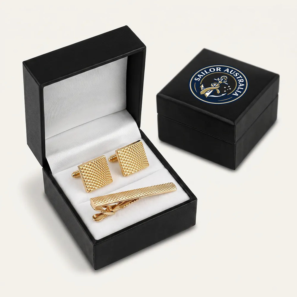 Men's Gold Textured Cufflinks and Tie Clip Set with Gift Box | Sailor Australia