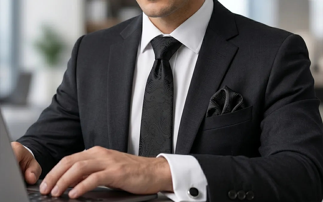 A man in a black suit, white dress shirt, and black patterned tie typing on a laptop in an office setting.