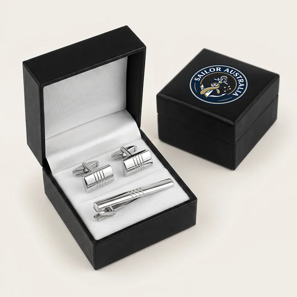 Men's Silver Striped Cufflinks and Tie Clip Set with Gift Box | Sailor Australia