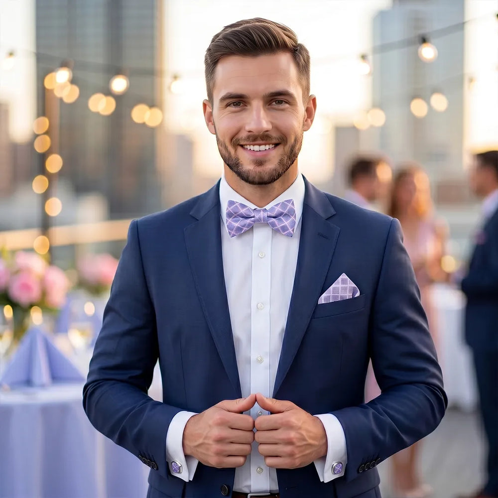 Lavender Windowpane Check Tie Set | Wedding & Formal Accessory Set