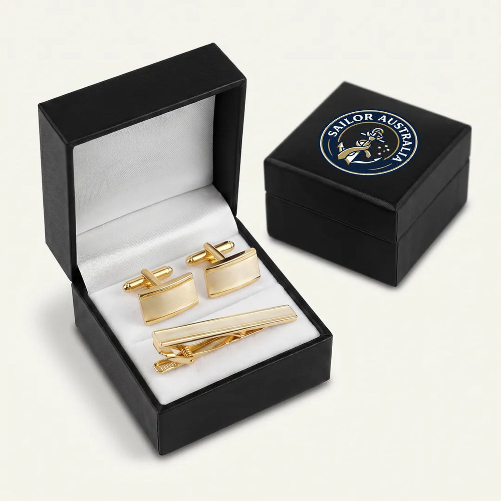 Men's Brushed Gold Cufflinks and Tie Clip Set with Gift Box | Sailor Australia