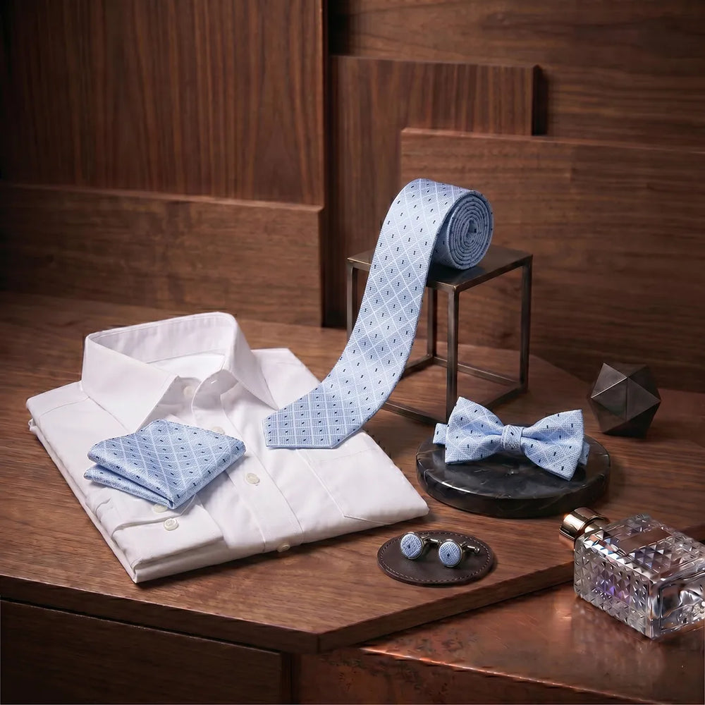 Light Blue Diamond Dotted Tie Set | Wedding & Formal Accessory Set