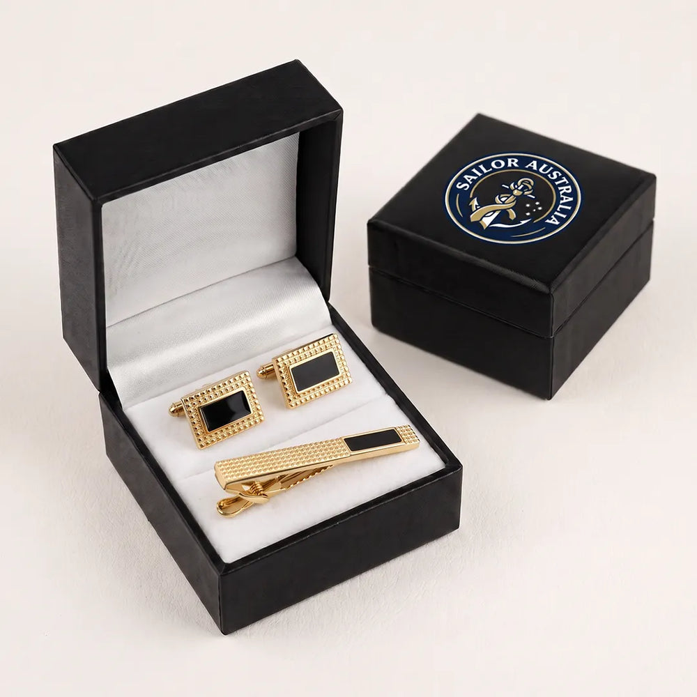 Men's Gold and Black Enamel Cufflinks and Tie Clip Set with Gift Box | Sailor Australia
