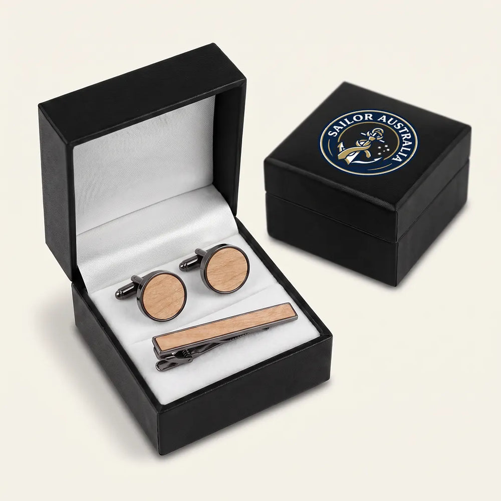 Gunmetal & Light Wood Cufflink & Tie Clip Set | Wedding & Formal