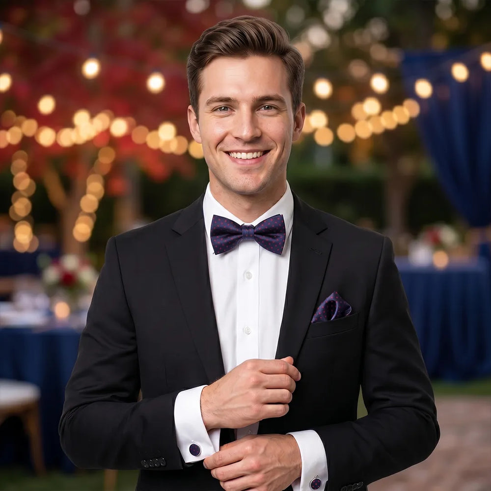 Navy & Red Micro-Cross Tie Set | Wedding & Formal Accessory Set