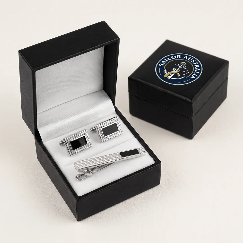 Silver & Black Enamel Cufflink & Tie Clip Set | Wedding & Formal Accessory