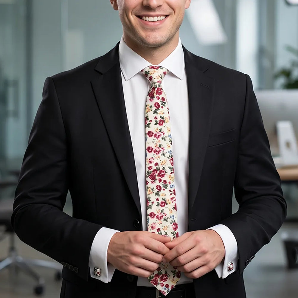 Cream Vintage Rose Floral Cotton Slim Necktie | Sailor Australia