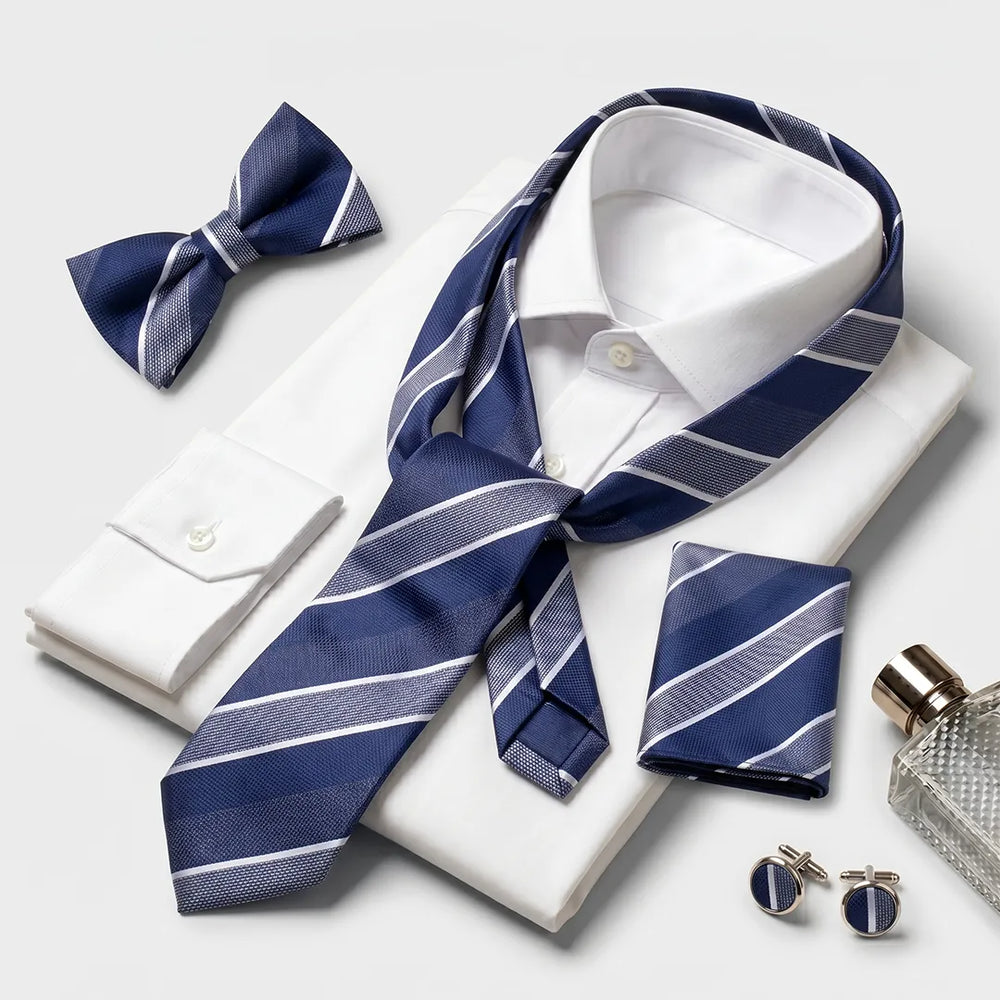 Navy Striped Tie Set | Wedding, Daily & Formal
