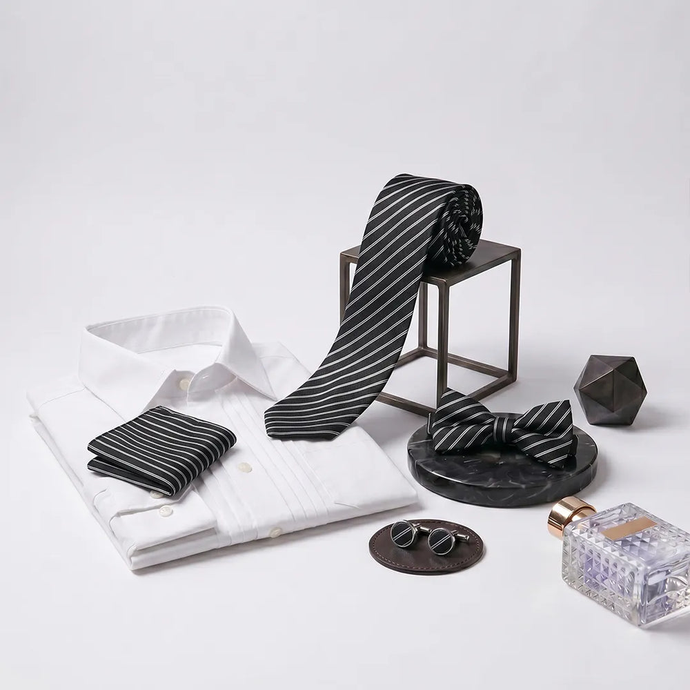 Black & White Stripe Tie Set | Wedding & Formal Accessory Set