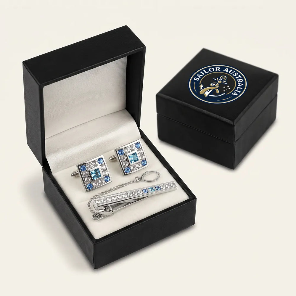 Men's Silver and Blue Crystal Cufflinks and Tie Clip Set with Gift Box | Sailor Australia