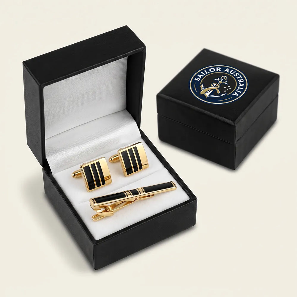Gold & Black Enamel Cufflink & Tie Clip Set | Wedding & Formal Accessory