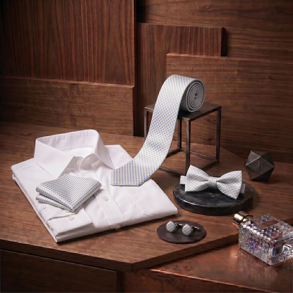 Pastel Blue & Cream Gingham Tie Set | Wedding & Formal Accessory Set