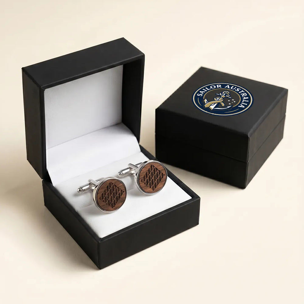 Silver & Walnut Wood Geometric Lattice Round Cufflinks | Sailor Australia