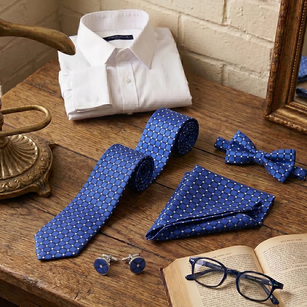 Royal Blue Geometric Tie Set | Wedding & Formal Accessory Set