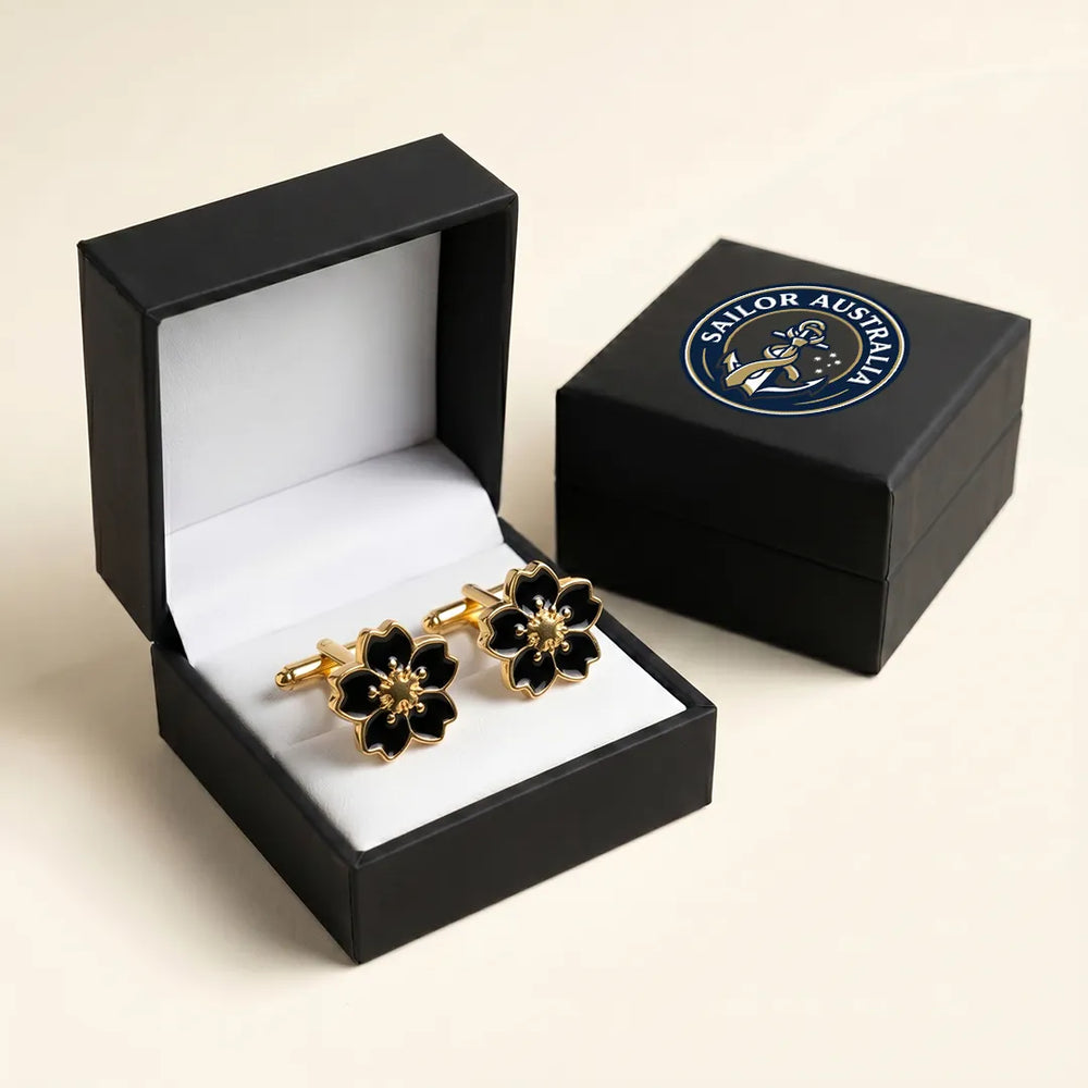 Gold Sakura Cherry Blossom Black Enamel Cufflinks | Sailor Australia