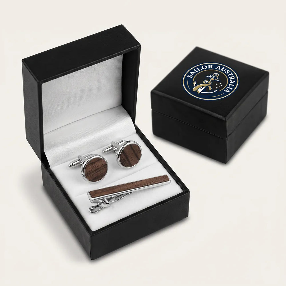 Silver & Dark Wood Cufflink & Tie Clip Set | Sailor Australia