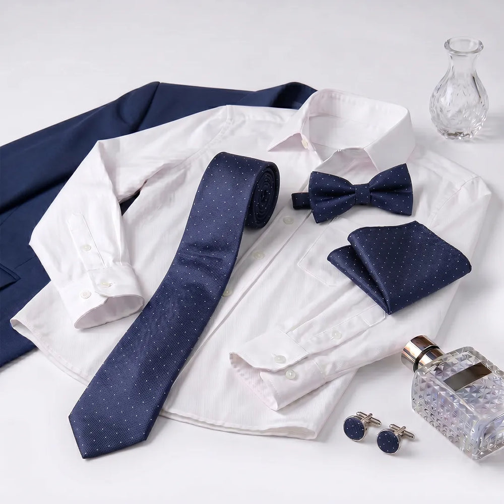 Navy Twill Dot Tie Set | Wedding & Formal Accessory Set