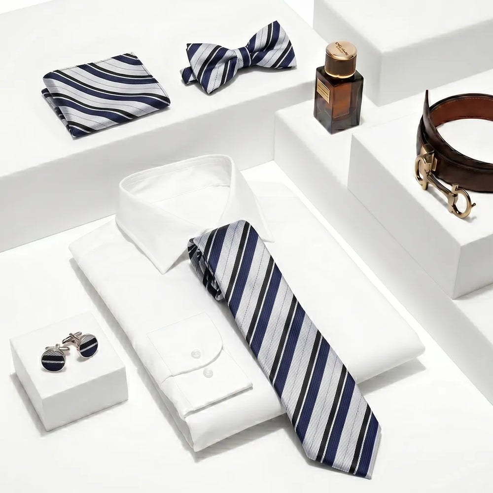 White, Navy & Black Stripe Tie Set | Wedding & Formal Accessory Set