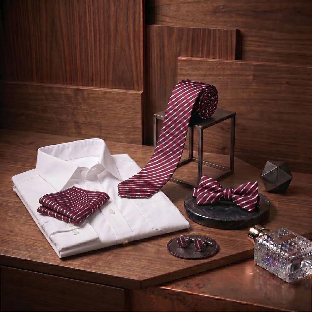Burgundy & White Stripe Tie Set | Wedding & Formal Accessory Set