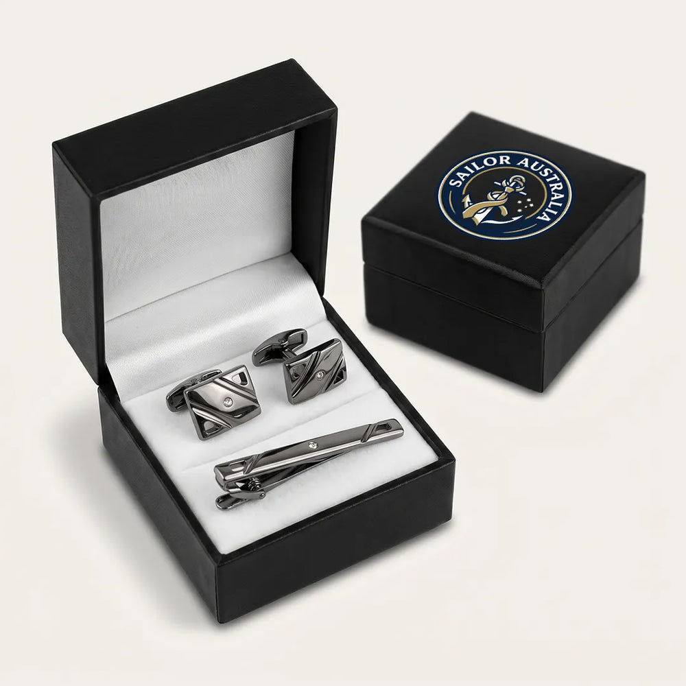 Men's Gunmetal Geometric Cufflinks and Tie Clip Set with Gift Box | Sailor Australia