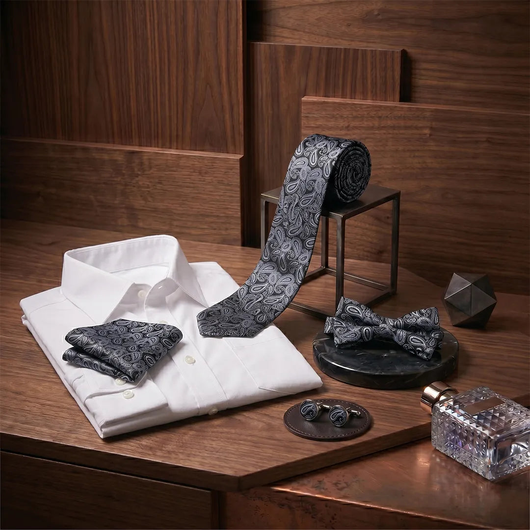 A men's formal accessory set arranged on a wooden table, including a white dress shirt, a patterned necktie, matching pocket square, bow tie, and cufflinks, with a perfume bottle nearby.