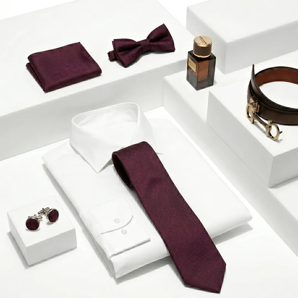 Deep Burgundy Textured Tie Set | Wedding & Formal Accessory Set