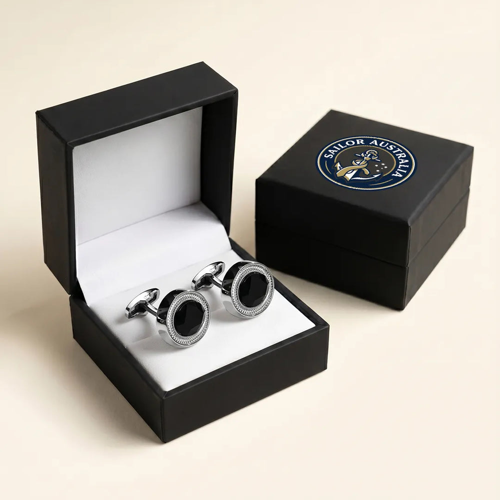 Silver Faceted Black Crystal Milgrain Round Cufflinks | Sailor Australia