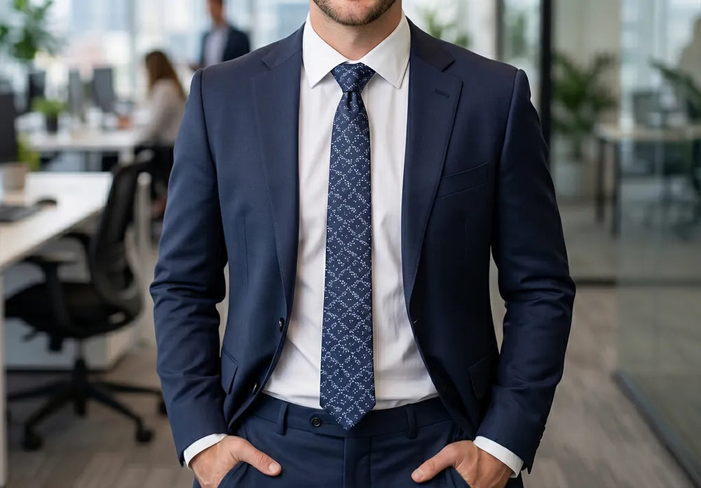 Navy Blue Floral Skinny Tie | Polyester Wedding & Daily Necktie