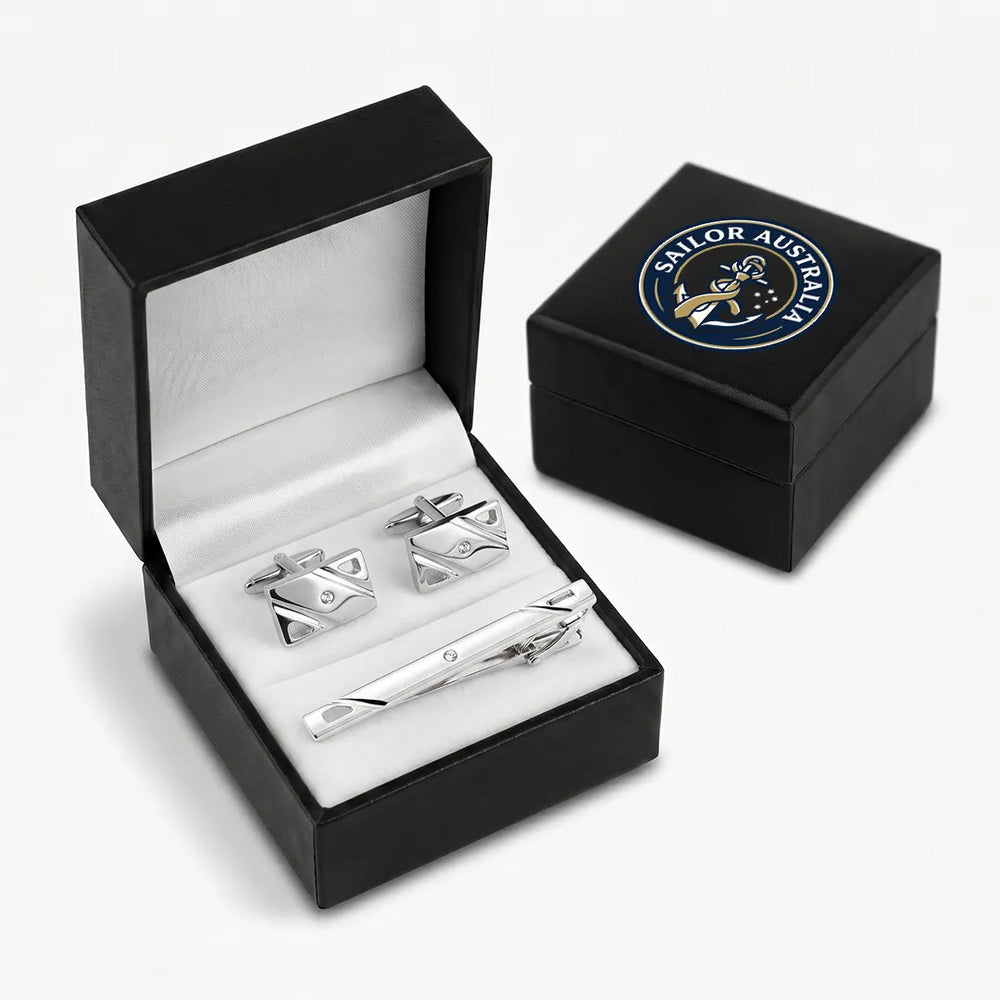 Sailor Australia Silver Geometric Crystal Cufflink & Tie Clip Set
