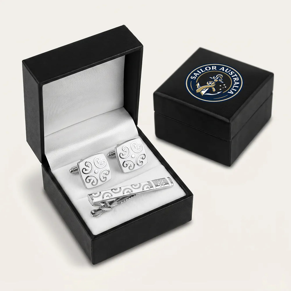 Silver & White Filigree Cufflink & Tie Clip Set | Wedding & Formal