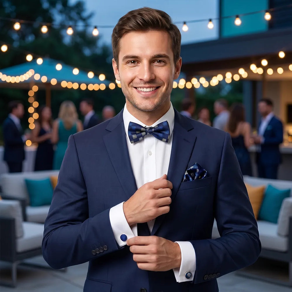 Navy & Gold Geo-Check Tie Set | Wedding & Formal Accessory Set