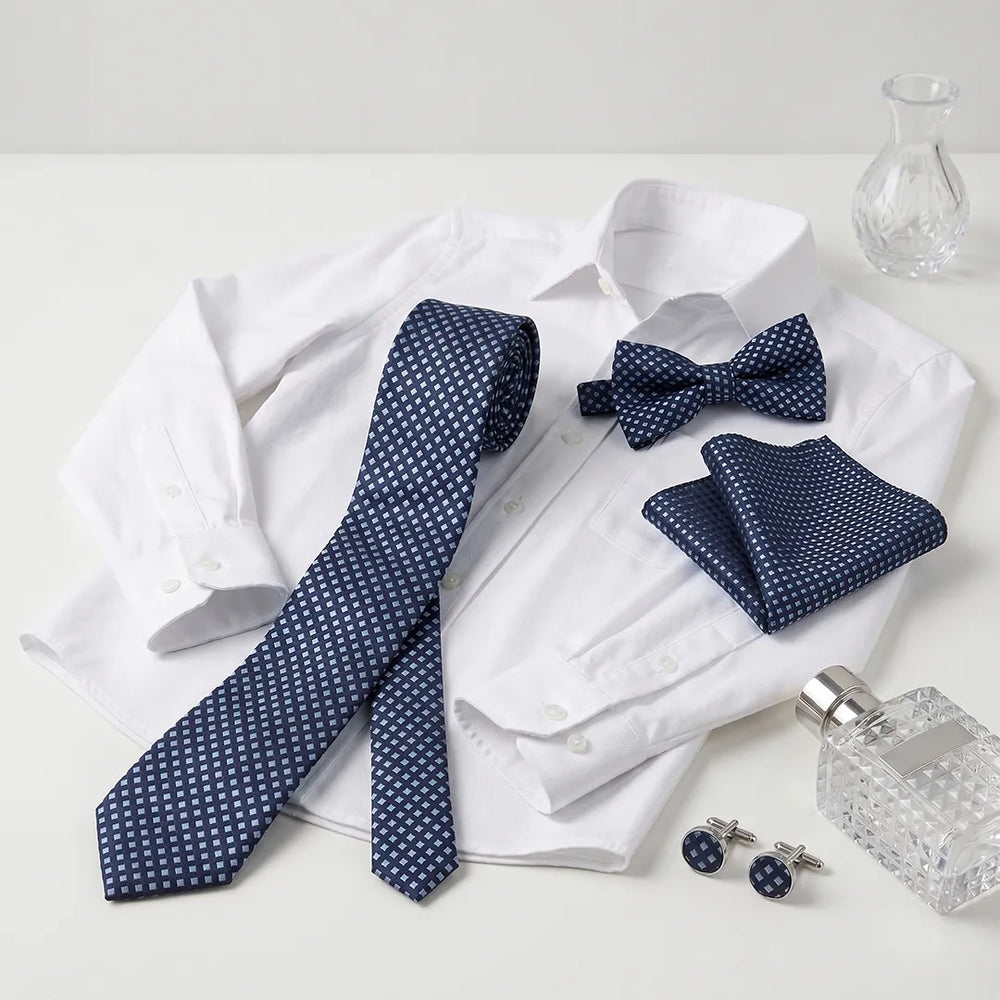Navy Geo-Grid Tie Set | Wedding & Formal Accessory Set