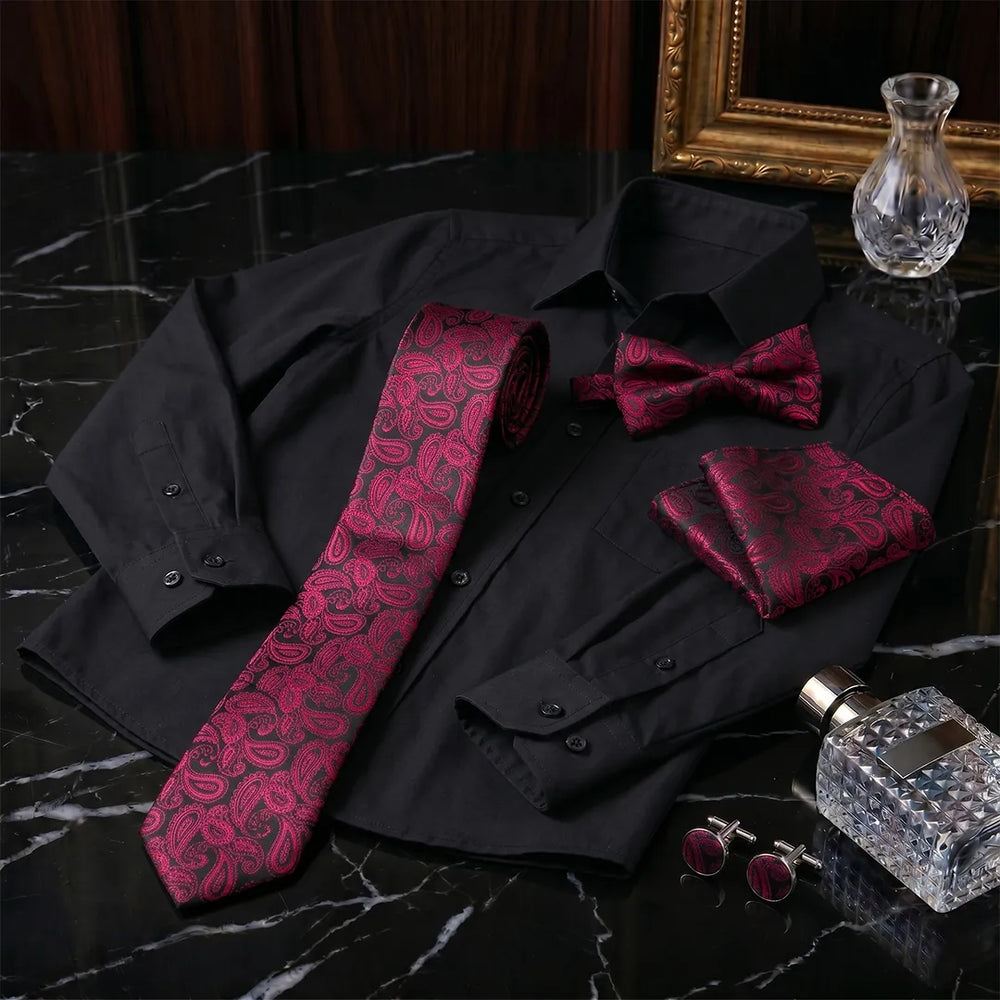 Black & Magenta Paisley Tie Set | Wedding & Formal Accessory Set