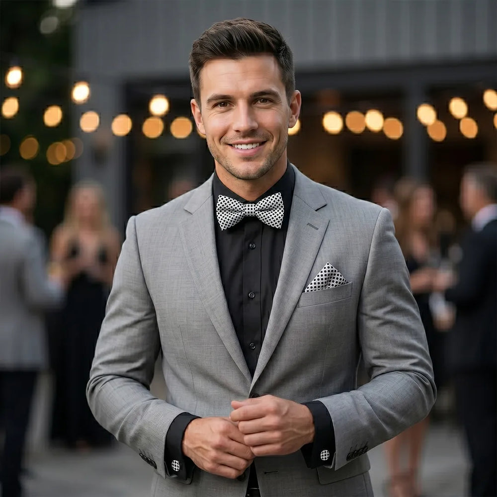 White & Black Micro-Check Tie Set | Wedding & Formal Accessory Set