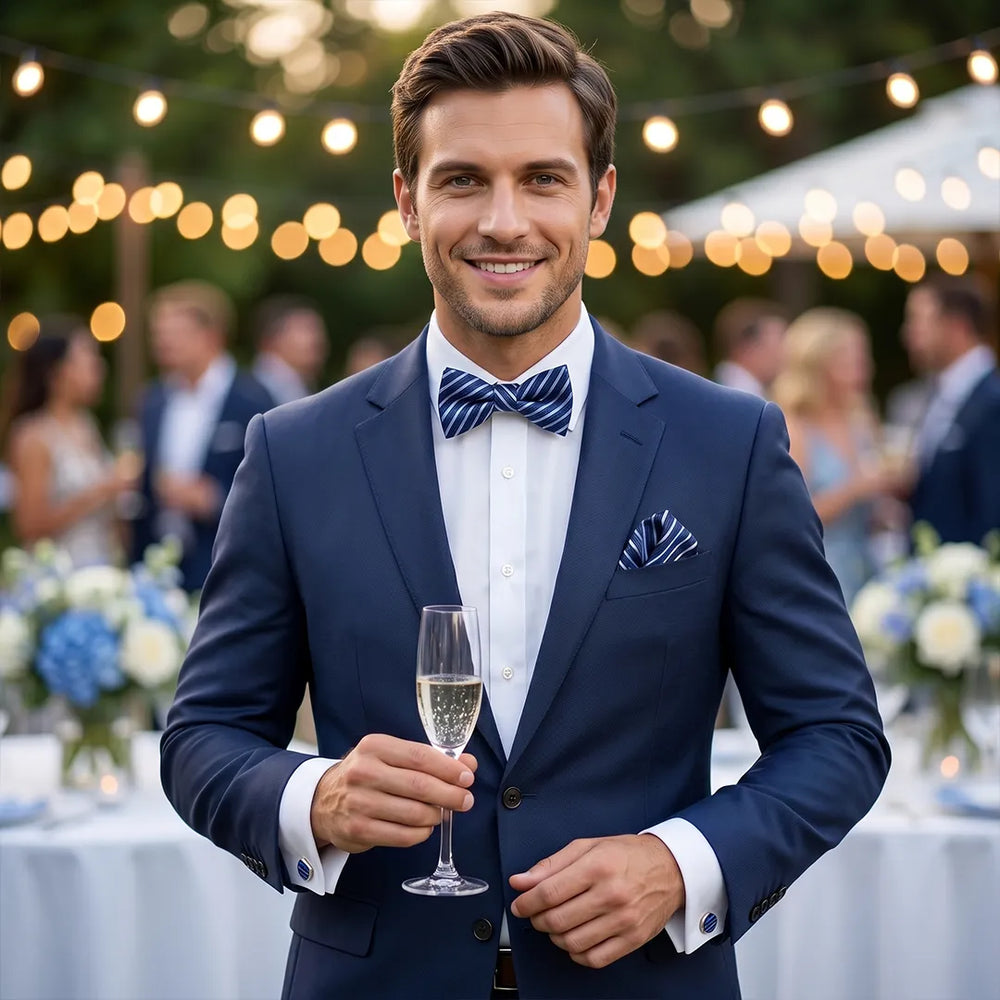 Navy, Blue & White Stripe Tie Set | Wedding & Formal Accessory Set