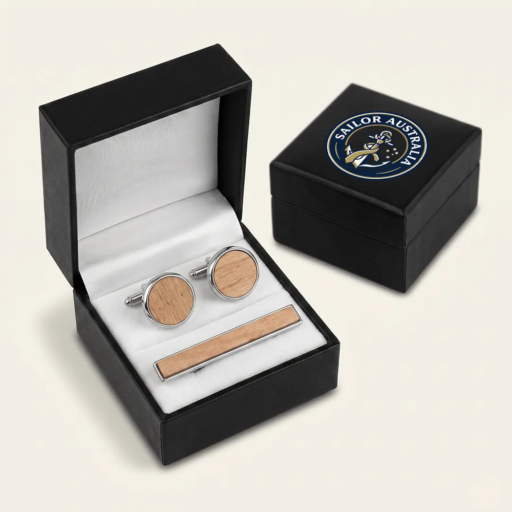 Men's Light Wood Cufflinks and Tie Clip Set with Gift Box | Sailor Australia