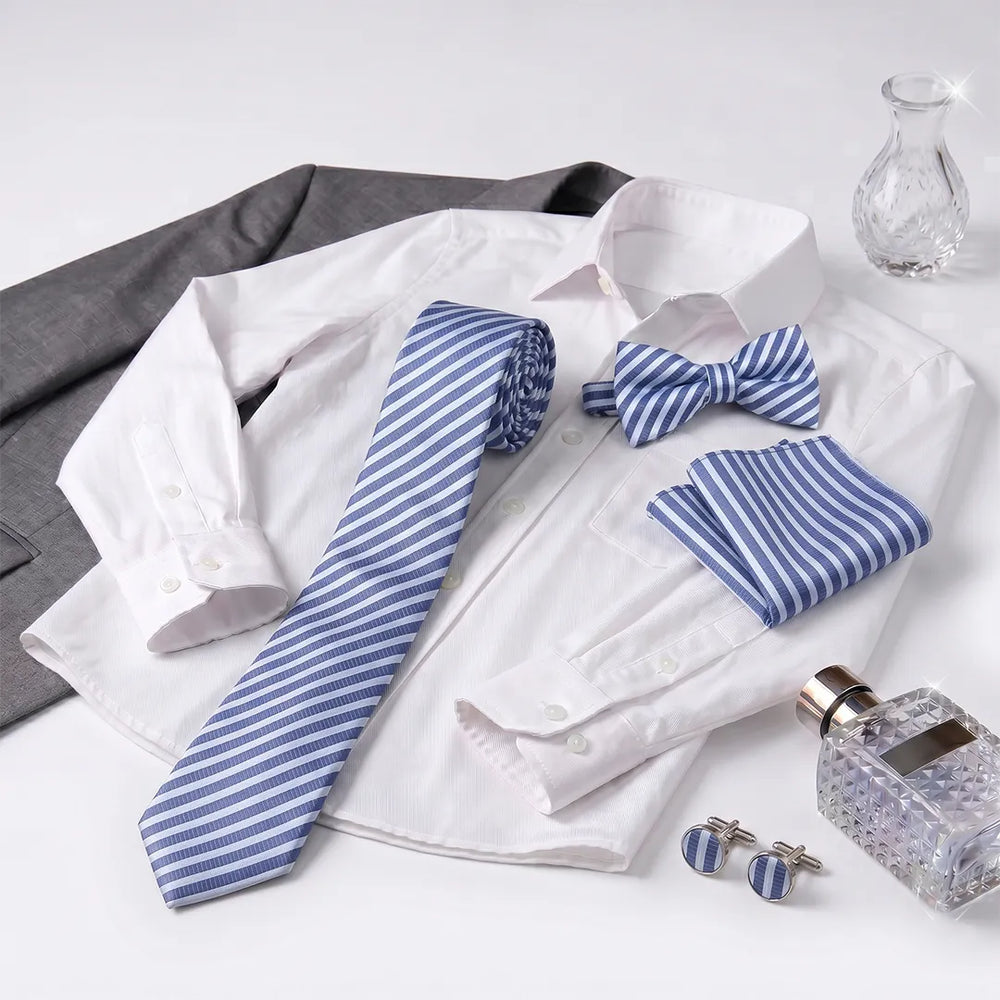 Blue Striped Tie Set | Wedding & Formal Accessory Set